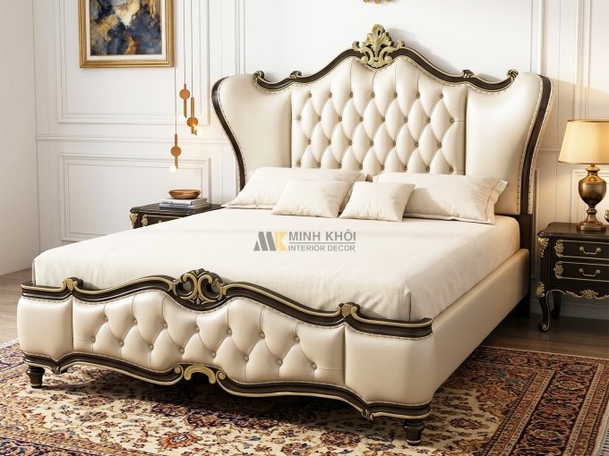 Giường Ngủ Gỗ Sồi Cổ Điển Bọc Nệm Da - GN605