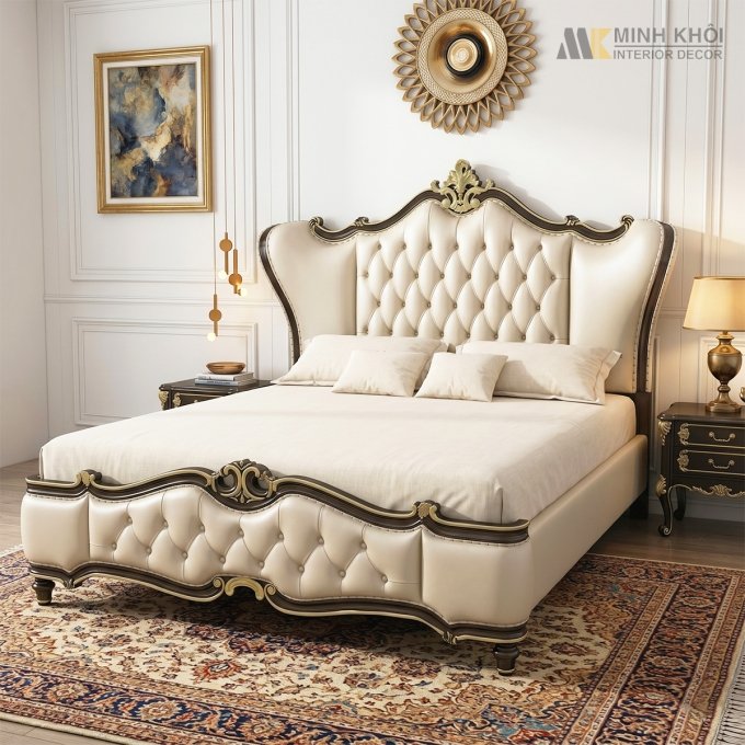 Giường Ngủ Gỗ Sồi Cổ Điển Bọc Nệm Da - GN605