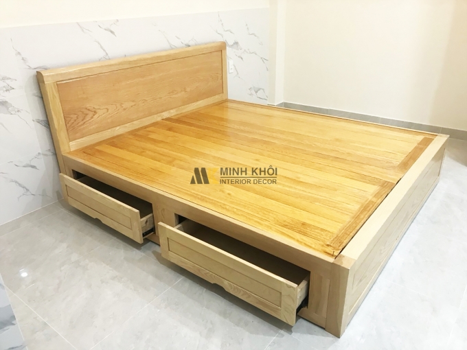 Giường Ngủ Gỗ Sồi Long Khung Có Hộc Kéo - GN507