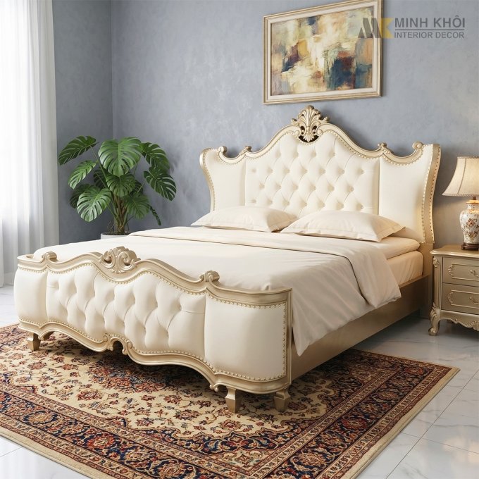 Giường Ngủ Gỗ Sồi Louis Cổ Điển Đuôi Cách Tân - GN1011