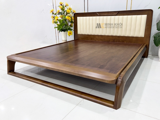Giường Ngủ Gỗ Sồi Phủ Óc Chó Bọc Da - GN954