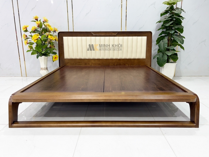 Giường Ngủ Gỗ Sồi Phủ Óc Chó Bọc Da - GN954