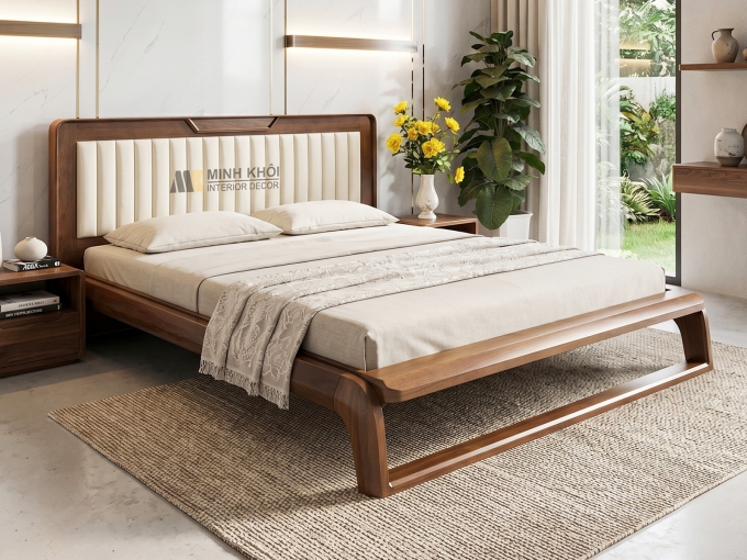 Giường Ngủ Gỗ Tự Nhiên Phủ Sồi Màu Óc Chó Bọc Da - GN954