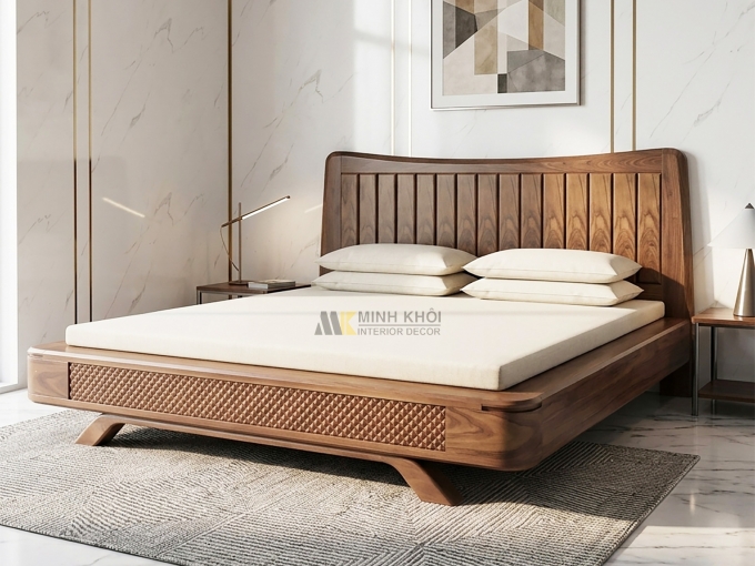Giường Ngủ Gỗ Sồi Phủ Óc Chó Chân Thuyền - GN942