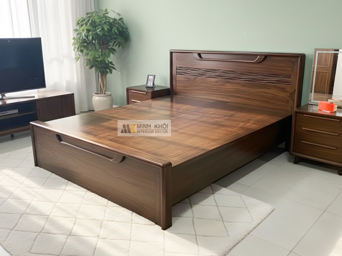 Giường Ngủ Gỗ Sồi Phủ Óc Chó Thiết Kế Sóng - GN951