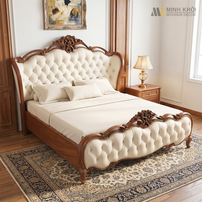 Giường Ngủ Gỗ Sồi Tân Cổ Điển Bọc Nệm - GN506
