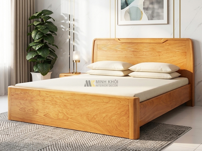 Giường Ngủ Gỗ Tự Nhiên Phủ Gõ Đỏ Thiết Kế Gợn Sóng Hiện Đại - GN431