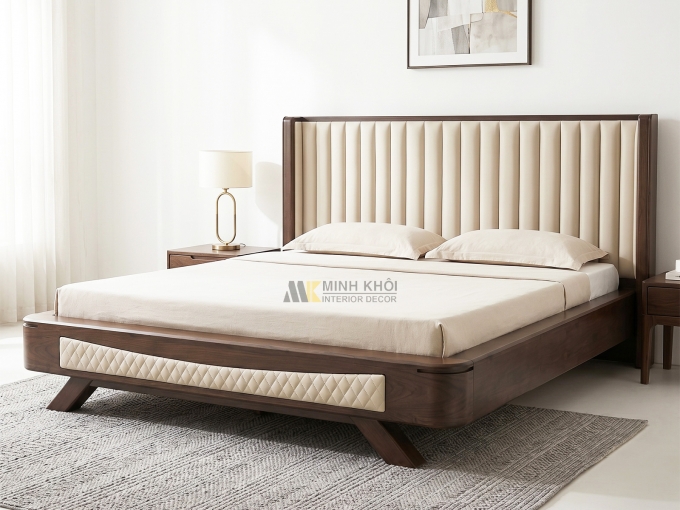 Giường Ngủ Gỗ Tự Nhiên Phủ Sồi Màu Óc Chó Đầu Cong Chân Thuyền - GN948