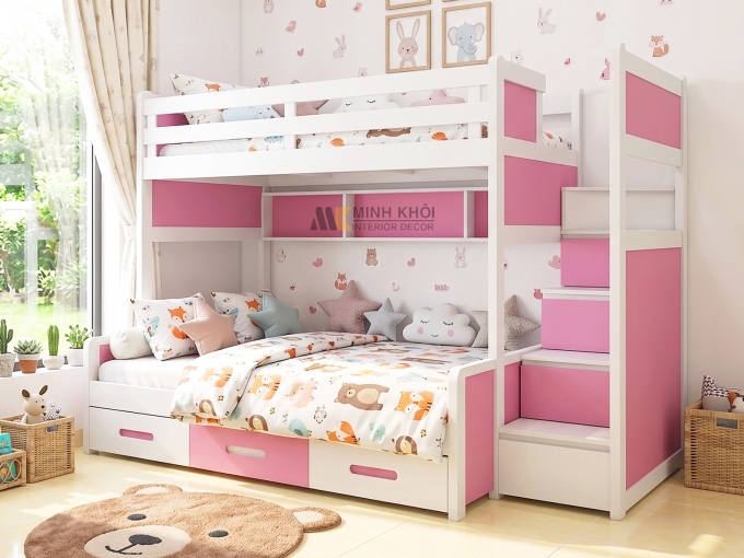 Giường Tầng Bật Thang Viền 3 Hộc Kéo - FCH150