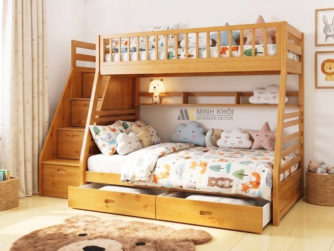 Giường Tầng Gỗ Tự Nhiên Có Hộc Kéo - GT220