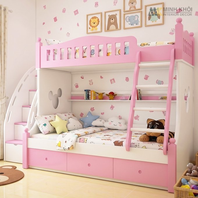 Giường Tầng Màu Hồng Gỗ Tự Nhiên Có Hộc Kéo - GT217