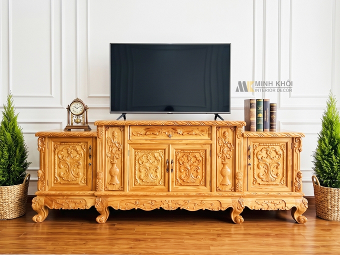 Kệ Tivi Gõ Đỏ 2m2 Chạm Cao Cấp - KTV931