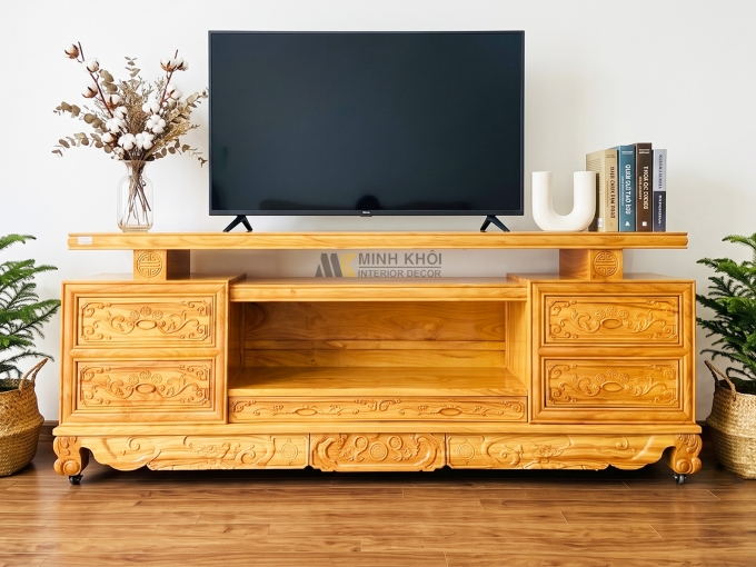 Kệ Tivi Gỗ Gõ Đỏ Đồng Tiền 2m4 - KTV005