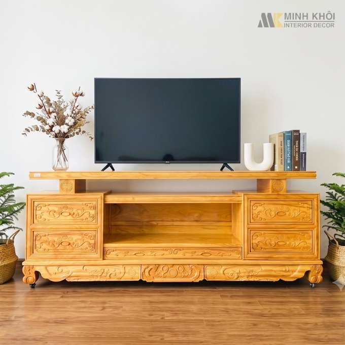Kệ Tivi Gỗ Gõ Đỏ Đồng Tiền 2m4 - KTV005