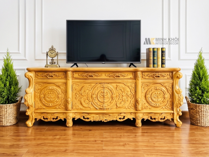 Kệ Tivi Gỗ Gõ Đỏ Hoàng Gia Cao Cấp Mặt Liền - KTV937