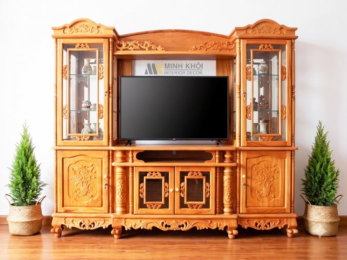 Kệ Tivi Gỗ Gõ Đỏ Kết Hợp Tủ Rượu Phòng Khách - KTV215