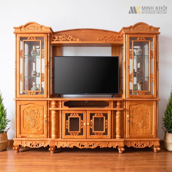 Kệ Tivi Gỗ Gõ Đỏ Kết Hợp Tủ Rượu Phòng Khách - KTV215