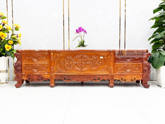 Kệ Tivi Gỗ Gõ Đỏ Thiết Kế Louis Cổ Điển - KTV952