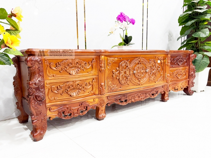 Kệ Tivi Gỗ Gõ Đỏ Thiết Kế Louis Cổ Điển - KTV952