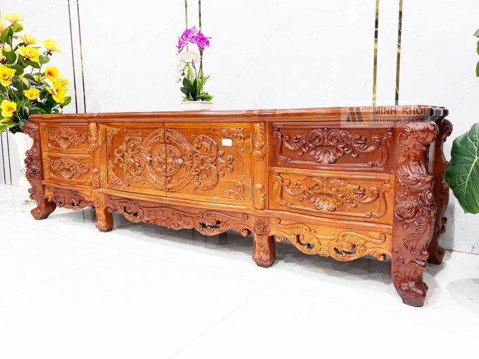 Kệ Tivi Gỗ Gõ Đỏ Thiết Kế Louis Cổ Điển - KTV952