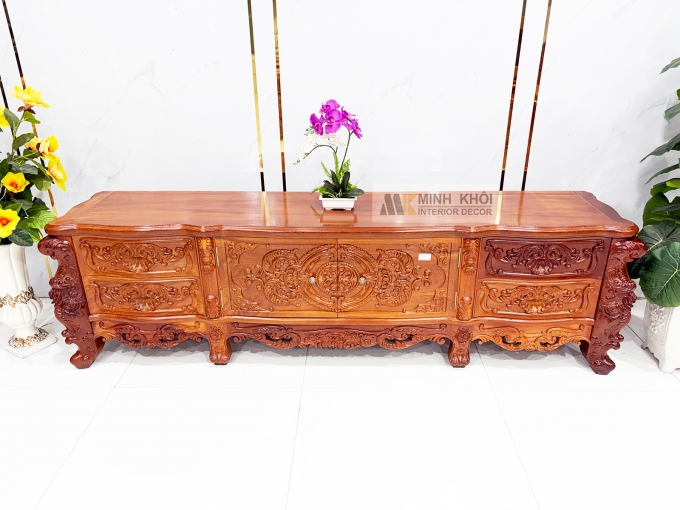 Kệ Tivi Gỗ Gõ Đỏ Thiết Kế Louis Cổ Điển - KTV952