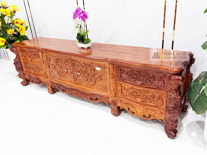 Kệ Tivi Gỗ Gõ Đỏ Thiết Kế Louis Cổ Điển - KTV952