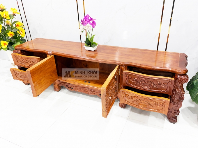 Kệ Tivi Gỗ Gõ Đỏ Thiết Kế Louis Cổ Điển - KTV952