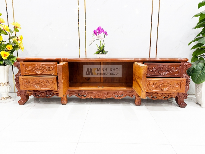 Kệ Tivi Gỗ Gõ Đỏ Thiết Kế Louis Cổ Điển - KTV952