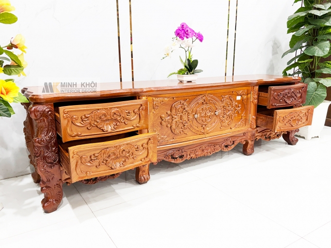 Kệ Tivi Gỗ Gõ Đỏ Thiết Kế Louis Cổ Điển - KTV952