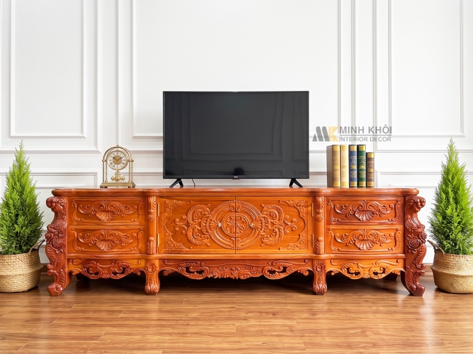 Kệ Tivi Gỗ Gõ Đỏ Thiết Kế Louis Cổ Điển - KTV952