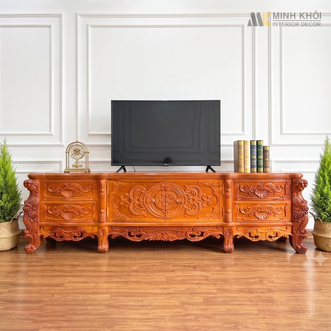 Kệ Tivi Gỗ Gõ Đỏ Thiết Kế Louis Cổ Điển - KTV952