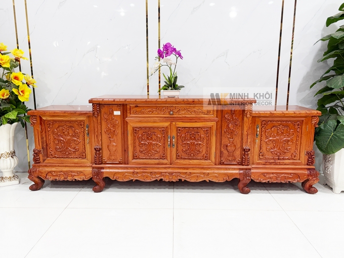 Kệ Tivi Gỗ Hương Đá Cổ Điển Chạm Hoa Hồng - KTV831
