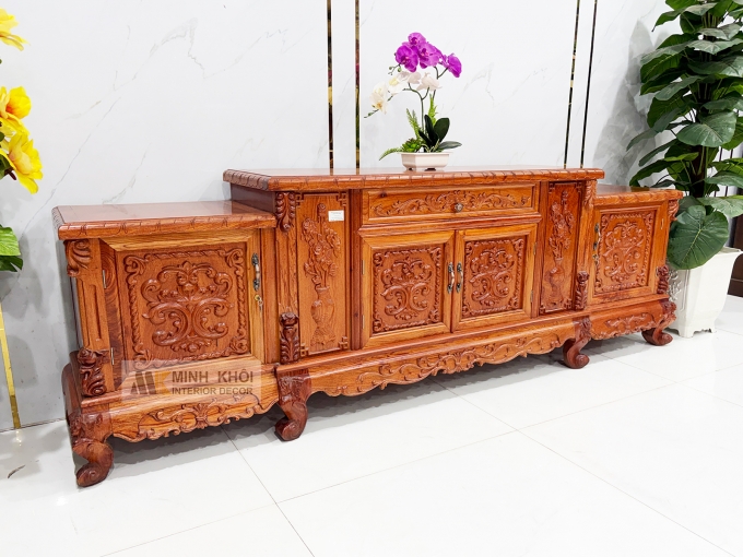 Kệ Tivi Gỗ Hương Đá Cổ Điển Chạm Hoa Hồng - KTV831