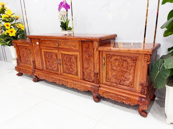 Kệ Tivi Gỗ Hương Đá Cổ Điển Chạm Hoa Hồng - KTV831