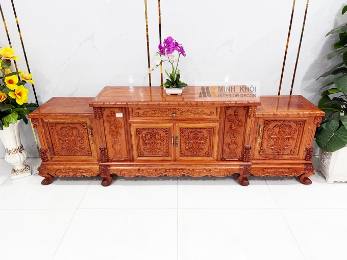Kệ Tivi Gỗ Hương Đá Cổ Điển Chạm Hoa Hồng - KTV831