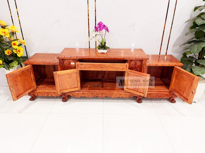 Kệ Tivi Gỗ Hương Đá Cổ Điển Chạm Hoa Hồng - KTV831