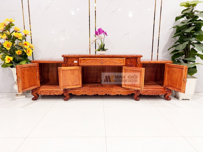 Kệ Tivi Gỗ Hương Đá Cổ Điển Chạm Hoa Hồng - KTV831