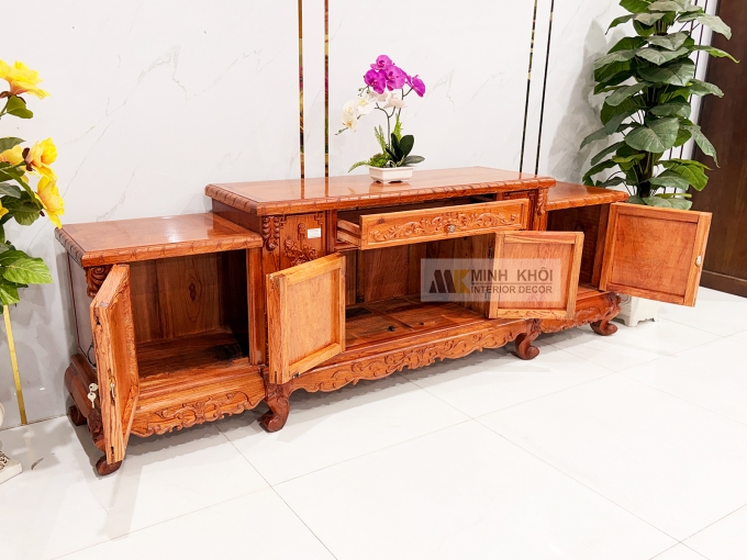 Kệ Tivi Gỗ Hương Đá Cổ Điển Chạm Hoa Hồng - KTV831