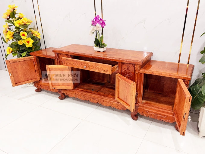 Kệ Tivi Gỗ Hương Đá Cổ Điển Chạm Hoa Hồng - KTV831
