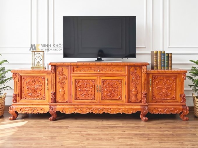 Kệ Tivi Gỗ Hương Đá Cổ Điển Chạm Hoa Hồng - KTV831
