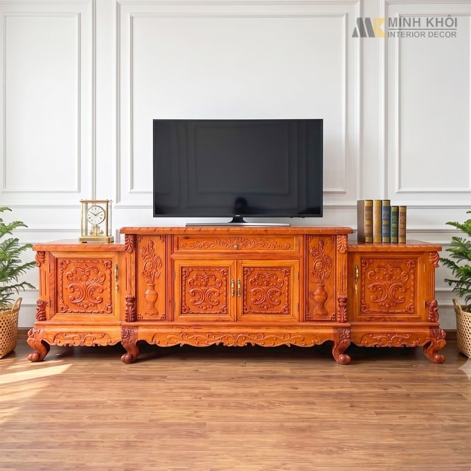 Kệ Tivi Gỗ Hương Đá Cổ Điển Chạm Hoa Hồng - KTV831