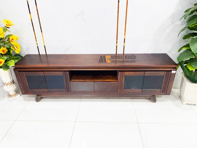 Kệ Tivi Gỗ Sồi Màu Óc Chó Cánh Kính Hiện Đại - KTV2845