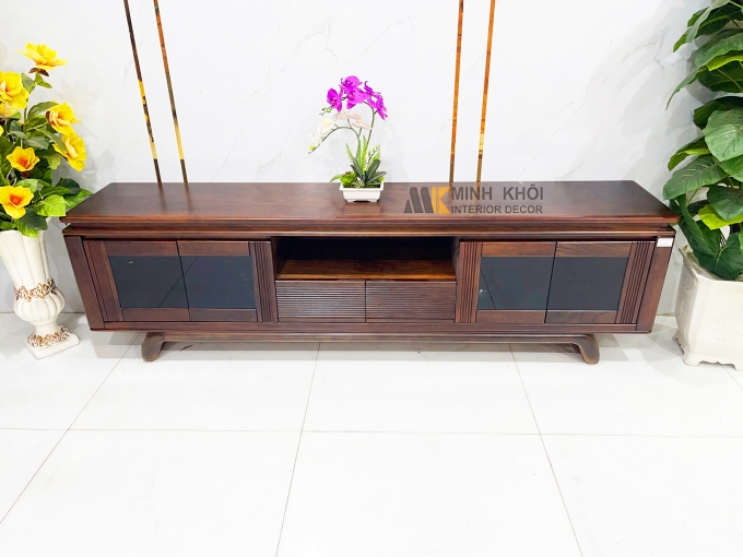 Kệ Tivi Gỗ Sồi Màu Óc Chó Cánh Kính Hiện Đại - KTV2845
