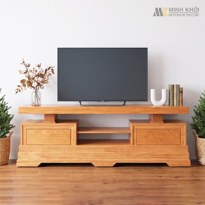 Kệ Tivi Nguyên Khối Gỗ Gõ Đỏ Mặt Liền 10cm - KTV958