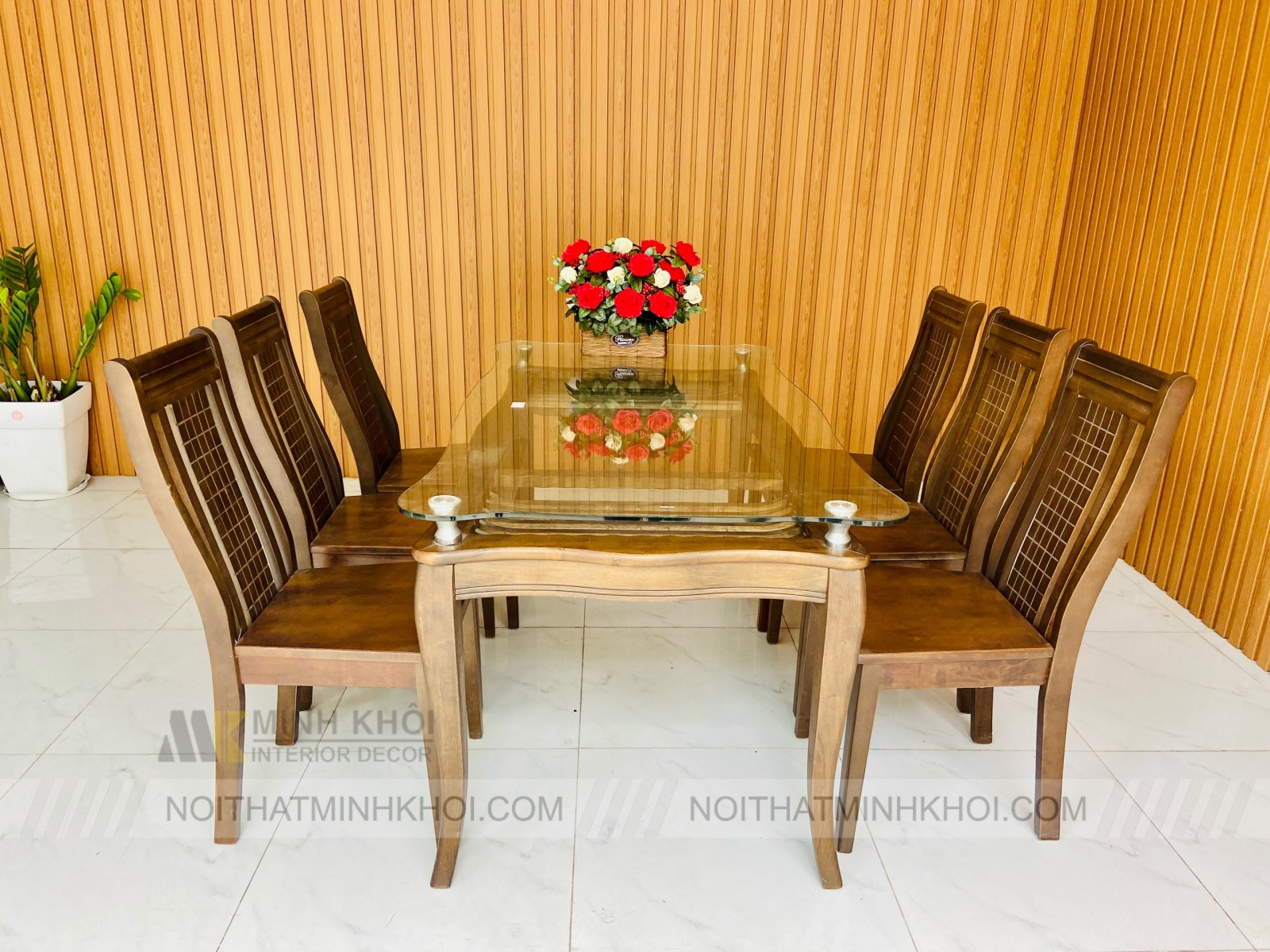Bộ bàn ăn kính màu gỗ sồi 6 ghế - BA242