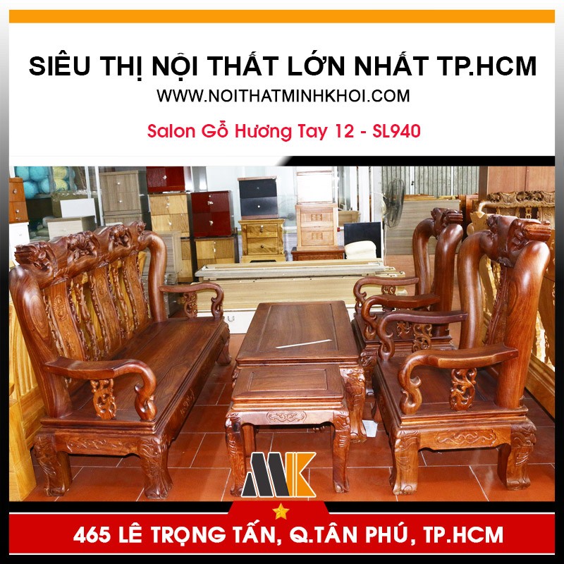 Bộ Bàn Ghế Phòng Khách Gỗ Hương Tay 12 Chạm Đào - SL940