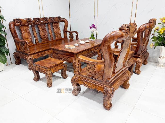 Salon Đào Gỗ Cẩm Lai Tay 12 Bộ 6 Món Mặt Liền - SL145