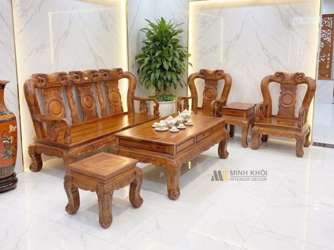 Salon Đào Gỗ Cẩm Lai Tay 12 Bộ 6 Món Mặt Liền - SL145