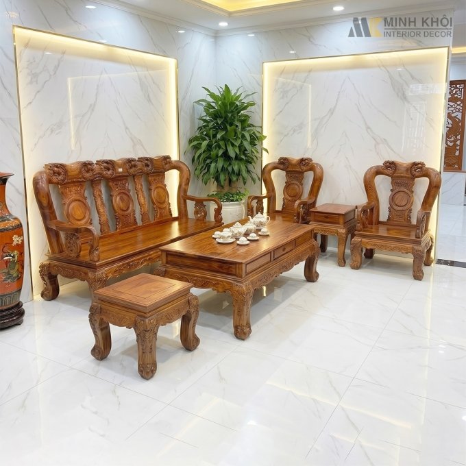 Salon Đào Gỗ Cẩm Lai Tay 12 Bộ 6 Món Mặt Liền - SL145