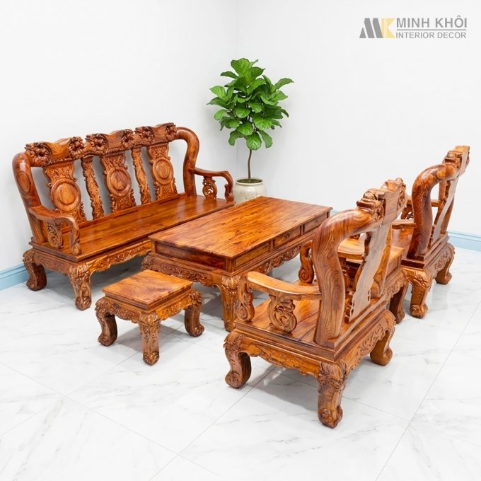 Salon Đào Gỗ Cẩm Lai Tay 12 Bộ 6 Món Mặt Liền - SL145